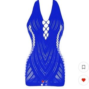 New blue stretchy sexy mini dress cut out V neck slits Open back